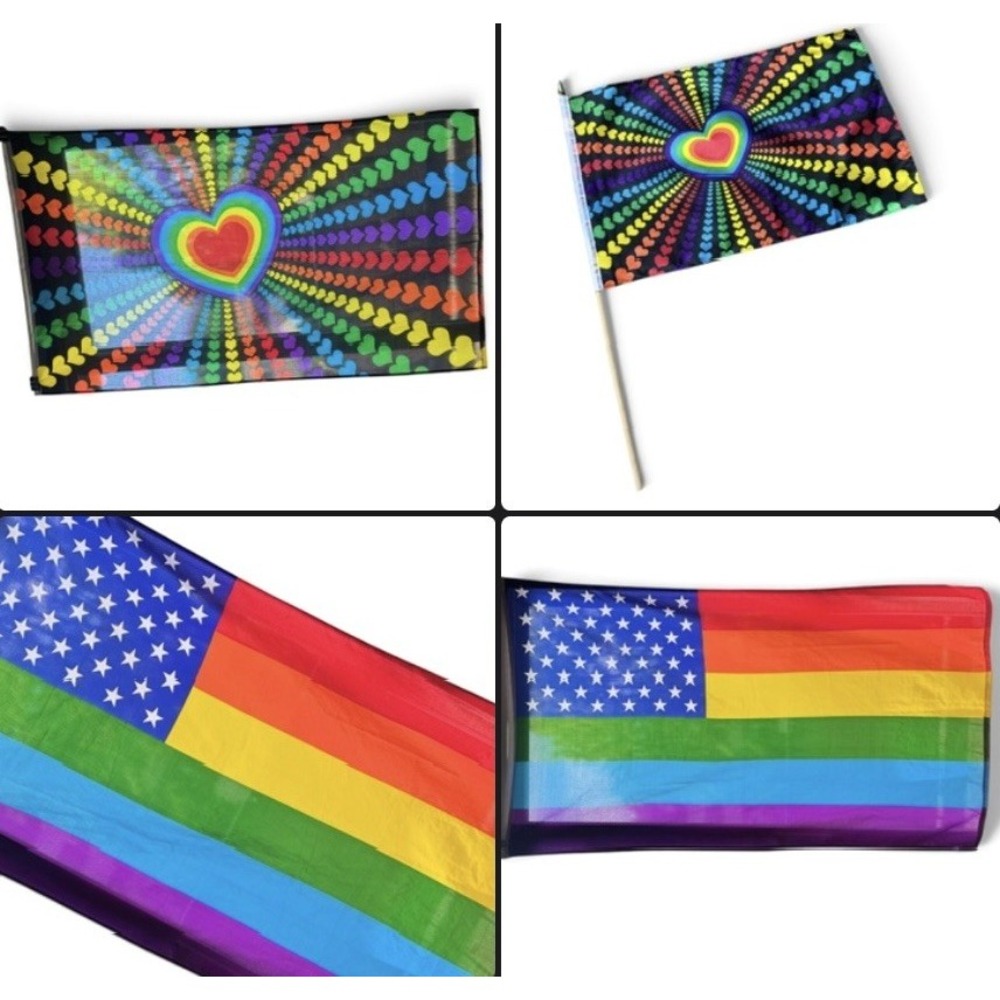 Lot of 3 Rainbow American Flags Rainbow Stripes and Rainbow Hearts Large Small